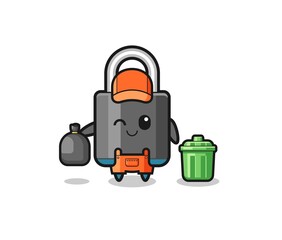 Naklejka premium the mascot of cute padlock as garbage collector