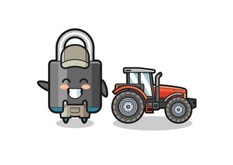 Fototapeta premium the padlock farmer mascot standing beside a tractor
