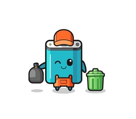 the mascot of cute power bank as garbage collector