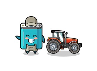 the power bank farmer mascot standing beside a tractor