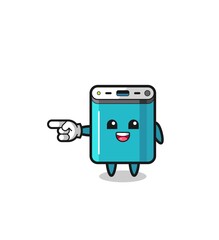 power bank cartoon with pointing left gesture
