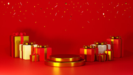 3D rendering of red podium and gift box for theme product display background.
