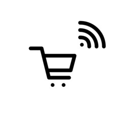 Shopping cart with wifi symbol. Internet of things, smart devices and online retail. Pixel perfect, editable stroke icon © yasnaten