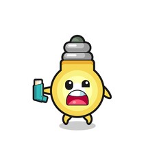 light bulb mascot having asthma while holding the inhaler