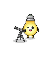 light bulb astronomer mascot with a modern telescope