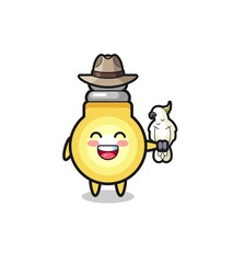 light bulb zookeeper mascot with a parrot