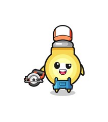 the woodworker light bulb mascot holding a circular saw