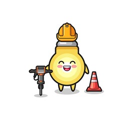 road worker mascot of light bulb holding drill machine