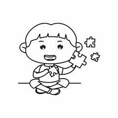 Cute little boy playing jigsaw puzzle. Sit playing. Coloring book. Cartoon vector illustration
