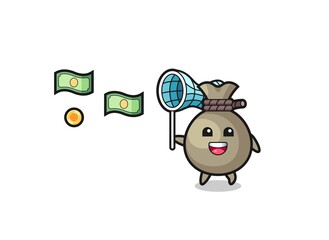 illustration of the money sack catching flying money