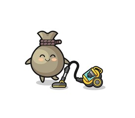 cute money sack holding vacuum cleaner illustration