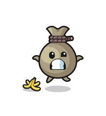 money sack cartoon is slip on a banana peel