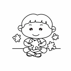 Cute little boy playing jigsaw puzzle. Sit playing. Coloring book. Cartoon vector illustration

