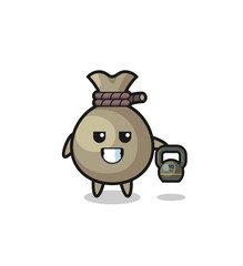 money sack mascot lifting kettlebell in the gym