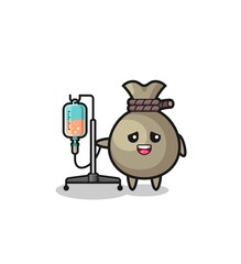 cute money sack character standing with infusion pole