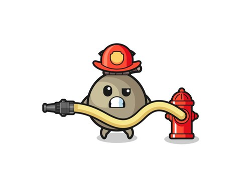 money sack cartoon as firefighter mascot with water hose