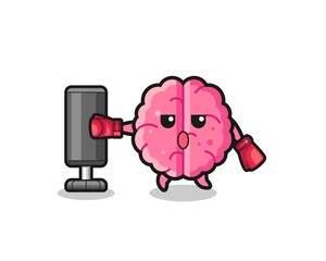 brain boxer cartoon doing training with punching bag