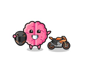 cute brain cartoon as a motorcycle racer
