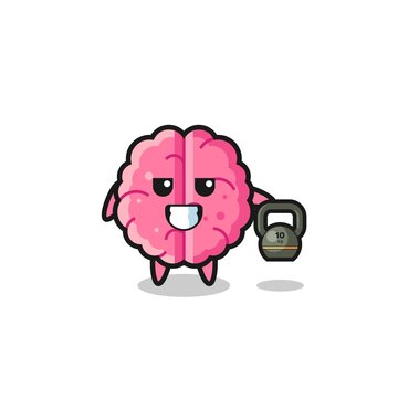 brain mascot lifting kettlebell in the gym