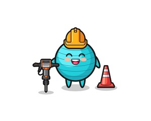 road worker mascot of exercise ball holding drill machine