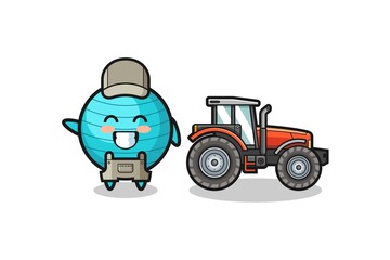 the exercise ball farmer mascot standing beside a tractor