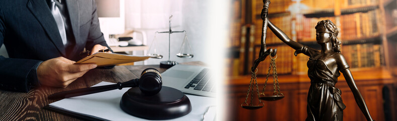 Fototapeta na wymiar Law firm office, Selective focus judges gavel, businesswoman or female lawyer making contract paper with law book, scales of justice, document legal, justice advice service concept.