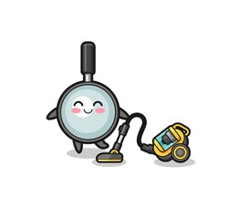 cute magnifying glass holding vacuum cleaner illustration