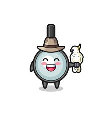 magnifying glass zookeeper mascot with a parrot