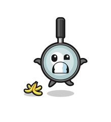 magnifying glass cartoon is slip on a banana peel
