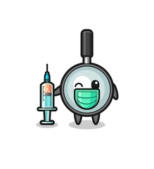 magnifying glass mascot as vaccinator