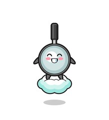 cute magnifying glass illustration riding a floating cloud