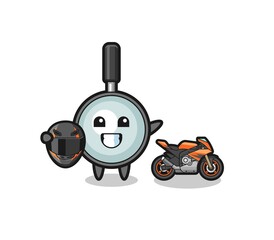 cute magnifying glass cartoon as a motorcycle racer