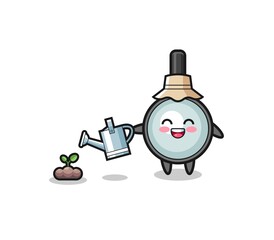 cute magnifying glass is watering plant seeds