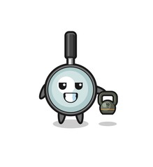 magnifying glass mascot lifting kettlebell in the gym