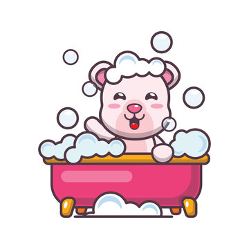 Cute polar bear taking bubble bath in bathtub. Cute cartoon animal illustration.