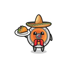loudspeaker Mexican chef mascot holding a taco