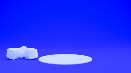 3d rendered ice cube and product stand with a blue color background.