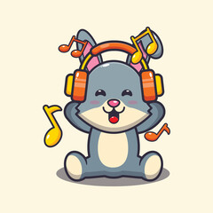 Obraz na płótnie Canvas Cute rabbit listening music with headphone. Cute cartoon animal illustration.