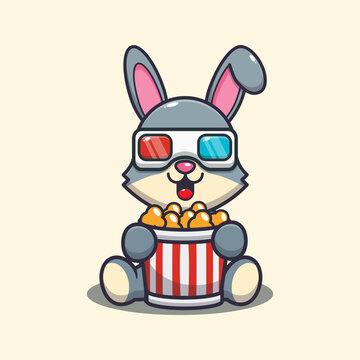 Cute rabbit eating popcorn and watch 3d movie. Cute cartoon animal illustration.