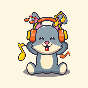 Cute rabbit listening music with headphone. Cute cartoon animal illustration.