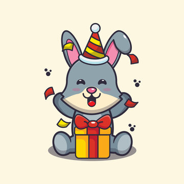 Cute rabbit in birthday party. Cute cartoon animal illustration.