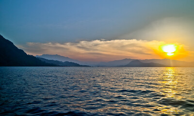 Beautiful sunset beach view on Pahawan Island. Lampung, Sumatra. Indonesia


