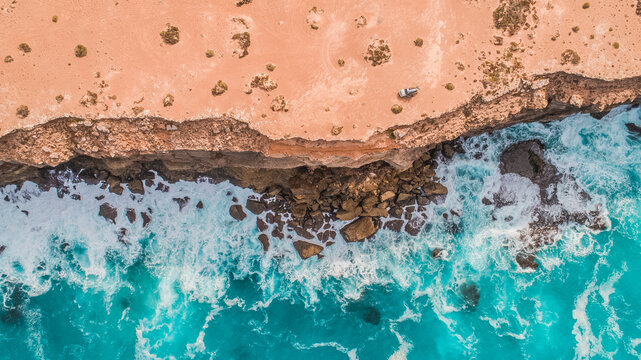 Drone shot of an SUV Eucla/Nullarbor National Park Great Australian Bight Coastline South Australia