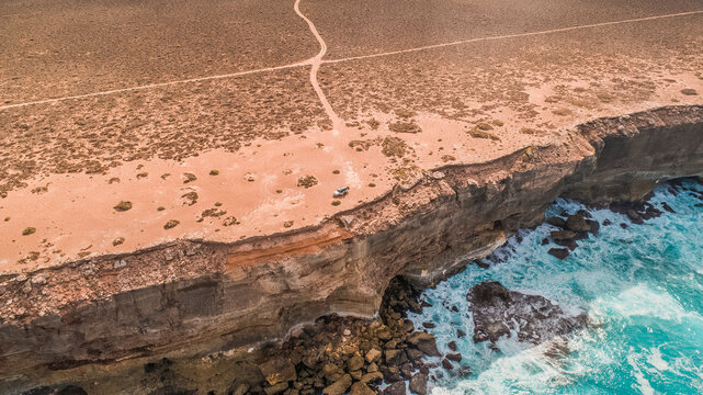 Drone shot of an SUV Eucla/Nullarbor National Park Great Australian Bight Coastline South Australia