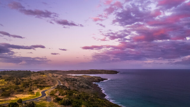 Stylized Drone shot of Minnamurra Mystics Beach Sunset Shellharbour Australia