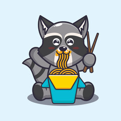 Cute raccoon eating noodle. Cute cartoon animal illustration. © Artprodite