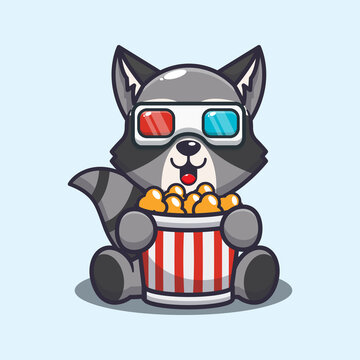 Cute raccoon eating popcorn and watch 3d movie. Cute cartoon animal illustration.