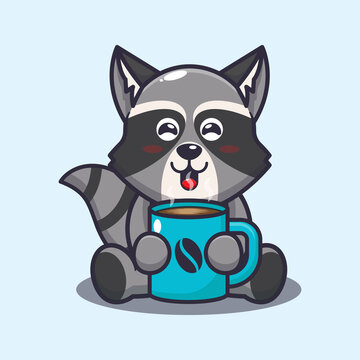 Cute raccoon with hot coffee. Cute cartoon animal illustration.