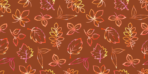 Autumn Watercolor Floral Seamless Patterns with packaging and scrapbooking. colorful yellow, orange, red and purple fall Leave on brown Background