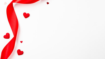 Valentine card. Red heart, romantic gift on love white background with copy space. Valentines day gift decoration. Flatlay banner.